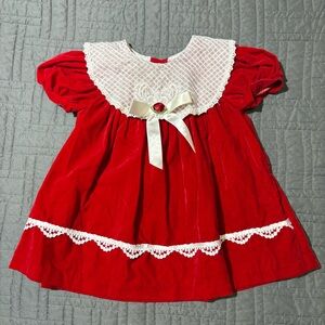 Vintage Red Velvet Baby Dress 18m Sheer Ruffle Lace Collar & Hem Puff Sleeves